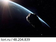 Habitable planet and a large potentially dangerous asteroid in space. Стоковое AI-изображение, AI-художник Данила Большаков / Фотобанк Лори