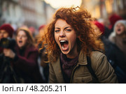 Angry protesting female activist shouting slogans defending the rights of the oppressed at demonstrations among like-minded people. Стоковое AI-изображение, AI-художник Данила Большаков / Фотобанк Лори