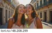 Friends laughing together on a sun-drenched European street, historic buildings casting soft shadows, light breeze moving their long hairs. Стоковое AI-видео, аниматор Sergey Grishin / Фотобанк Лори