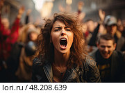Angry protesting female activist shouting slogans defending the rights of the oppressed at demonstrations among like-minded people. Стоковое AI-изображение, AI-художник Данила Большаков / Фотобанк Лори