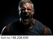 Angry muscular athletic mature man in a tank top screams, overcoming pain and limitations, on a dark background. Стоковое AI-изображение, AI-художник Данила Большаков / Фотобанк Лори