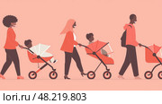 Families stroll leisurely together, pushing strollers while enjoying a warm day outdoors. Стоковое AI-изображение, AI-художник Данила Большаков / Фотобанк Лори
