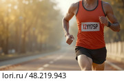 Спортсмен бежит по трассе, бег, спорт соревнование. Стоковое AI-изображение, AI-художник Илья Горшков / Фотобанк Лори