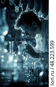 Scientist Carefully Examining Liquid in Laboratory During Research. Стоковое AI-изображение, AI-художник Данила Большаков / Фотобанк Лори