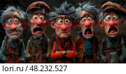 Five animated characters with distinct features express various emotions in a whimsical, shadowy environment, highlighting their unique personalities. Стоковое AI-изображение, AI-художник Данила Большаков / Фотобанк Лори