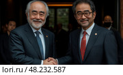 Two men are engaged in a handshake, expressing camaraderie and cooperation during a formal meeting, surrounded by colleagues in a refined environment. Стоковое AI-изображение, AI-художник Данила Большаков / Фотобанк Лори
