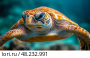 A sea turtle glides effortlessly through the crystal clear ocean, showcasing its colorful shell while exploring the coral reefs below. Стоковое AI-изображение, AI-художник Данила Большаков / Фотобанк Лори