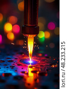 A laser cutter emits bright light while creating intricate designs on a metallic surface covered in droplets, illuminated by a colorful backdrop. Стоковое AI-изображение, AI-художник Данила Большаков / Фотобанк Лори