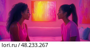 In a vibrant setting, two women in matching outfits share an intimate conversation, deepening their emotional bond. Стоковое AI-изображение, AI-художник Данила Большаков / Фотобанк Лори
