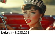 A beautiful woman with striking makeup and a glamorous crown sits in a classic red convertible, enjoying the warmth of a sunny day. Стоковое AI-изображение, AI-художник Данила Большаков / Фотобанк Лори