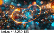 A large, clear glass sphere with a blue tint hangs in the air surrounded by numerous smaller orbs and a glowing orange circle. Стоковое AI-изображение, AI-художник Данила Большаков / Фотобанк Лори