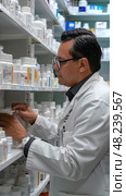The Pharmacist Is Currently Conducting Inventory Checks at the Pharmacy to Ensure All Stock Is Accurately Accounted for and Available. Стоковое AI-изображение, AI-художник Данила Большаков / Фотобанк Лори