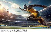 A male athlete sprints across a stadium track with a crowd cheering in the background. Стоковое AI-изображение, AI-художник Данила Большаков / Фотобанк Лори