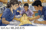 A group of medical students practice suturing techniques on a mannequin in a hospital classroom. Стоковое AI-изображение, AI-художник Данила Большаков / Фотобанк Лори