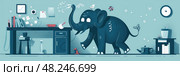 The Blue Elephant Created Quite a Chaotic Scene in the Messy Office Space With Its Large Size and Playful Antics. Стоковое AI-изображение, AI-художник Данила Большаков / Фотобанк Лори