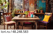 mismatched cafe table ai generated. Стоковое AI-изображение, AI-художник Vectorwin / Фотобанк Лори