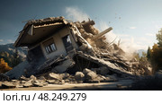 roof earthquake damage house ai generated. Стоковое AI-изображение, AI-художник Vectorwin / Фотобанк Лори