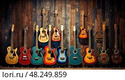 wall guitar on wood ai generated. Стоковое AI-изображение, AI-художник Vectorwin / Фотобанк Лори