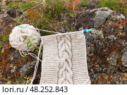 Knitting as leisure and outdoor recreation. Top view of warm hand-knitted scarf with braid made of natural wool yarn against forest moss, grass and stones in forest park. DIY concept. Close-up, top view. Стоковое фото, фотограф Виктория Катьянова / Фотобанк Лори