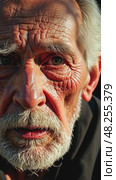 A close-up of an old man's face streaked with sadness and thoughtful as he listens to a lamentation song, the shadows of tree branches dancing across his face. Стоковое AI-видео, аниматор Sergey Grishin / Фотобанк Лори