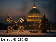 Vatican keys and censer at st. peter's basilica twilight. Стоковое AI-изображение, AI-художник Башкирова Анна / Фотобанк Лори
