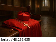 Cardinal attire on bench in historic church setting with red robe and cross. conclave. Стоковое AI-изображение, AI-художник Башкирова Анна / Фотобанк Лори