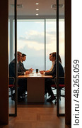 Business People in a Modern Boardroom Negotiating With a City View, Focused and Engaged in Corporate Consulting. Стоковое AI-изображение, AI-художник Sergey Grishin / Фотобанк Лори