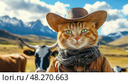 A cat wearing a cowboy hat and a bandana is standing in a field with cows. Стоковое AI-изображение, AI-художник Ярославский Максим / Фотобанк Лори