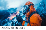 HAZMAT suit explorer in icy landscape: A perilous mission, protection against danger. Стоковое AI-изображение, AI-художник Данила Большаков / Фотобанк Лори