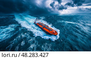 LNG Tanker Voyage: Navigating Rough Seas Under a Tempestuous Sky. Стоковое AI-изображение, AI-художник Данила Большаков / Фотобанк Лори