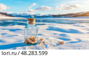Winter Wonder: Message in a Bottle on Snowscape with Frozen Lake, Dreamy Scenic Landscape for Postcard. Стоковое AI-изображение, AI-художник Данила Большаков / Фотобанк Лори