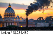 Black smoke rises from Vatican chimney signaling momentous conclave event as St Peter’s Basilica looms in background at sunset. Стоковое AI-изображение, AI-художник Igor Tichonow / Фотобанк Лори