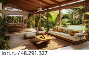 bamboo villa interior ai generated. Стоковое AI-изображение, AI-художник Vectorwin / Фотобанк Лори