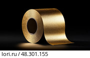 Golden Duct Tape Roll in Dramatic Spotlight, Luxury Minimalism on Black. Золотой рулон клейкой ленты в драматическом свете, роскошный минимализм на черном. Стоковое AI-изображение, AI-художник Katsiaryna Repich / Фотобанк Лори