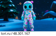 Playful Nighttime Adventure: Whimsical Character in Polka-Dotted PJs Explores the Forest. Стоковое AI-изображение, AI-художник Данила Большаков / Фотобанк Лори