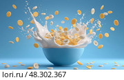 Dynamic Cereal Bowl with Splashing Milk and Flying Pieces, Playful Food Action.  миска для хлопьев с брызгами молока и летающими кусочками, игровое действие с едой. Стоковое AI-изображение, AI-художник Katsiaryna Repich / Фотобанк Лори