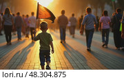 A child holding a small black flag, standing in a crowded street at sunset, the golden light casting long shadows as people march silently. Стоковое AI-видео, аниматор Sergey Grishin / Фотобанк Лори