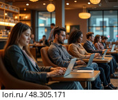 В зале ожидания аэропорта многие путешественники работают за ноутбуками в ожидании вылета. Стоковое AI-изображение, AI-художник Сергей Никифоров-Гордеев / Фотобанк Лори
