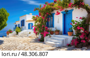 blue greek house. Стоковое AI-изображение, AI-художник Vectorwin / Фотобанк Лори
