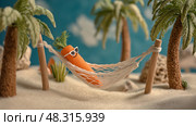 Carrot Lounging in Hammock Between Palm Trees, Tropical Vegetable Paradise. Морковь, лежащая в гамаке между пальмами, рай для  овощей. Стоковое AI-изображение, AI-художник Katsiaryna Repich / Фотобанк Лори
