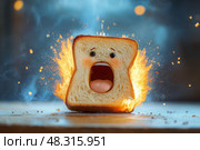 Panicked Toast Launching from Toaste, Cartoon-Style Kitchen Explosion Drama. Паникующий тост, вылетающий из тоста, драма взрыва на кухне в стиле мультфильма. Стоковое AI-изображение, AI-художник Katsiaryna Repich / Фотобанк Лори