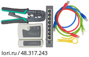 Роутер, кабельный тестер и соединительные кабели. Closeup of network cables connected to router on white. Стоковое фото, фотограф Татьяна Д / Фотобанк Лори