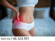 Pain in right side, kidney inflammation, woman suffering from backache at home. Стоковое AI-изображение, AI-художник Станислав Тарко / Фотобанк Лори