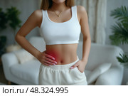Inflammation of appendicitis, menstrual pain, woman with stomachache suffering from pms at home, endometriosis, cystitis and other diseases of the urinary system. Стоковое AI-изображение, AI-художник Станислав Тарко / Фотобанк Лори