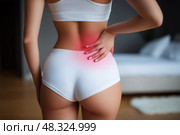 Back pain, kidney inflammation, woman suffering from backache at home. Стоковое AI-изображение, AI-художник Станислав Тарко / Фотобанк Лори