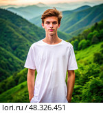 The Wanderer Contemplating the Majestic Peaks. Generative AI. Стоковое AI-изображение, AI-художник Roman Zavorotny / Фотобанк Лори