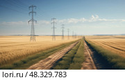 farmland powerlines road ai generated. Стоковое AI-изображение, AI-художник Vectorwin / Фотобанк Лори