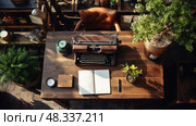vintage business table from above ai generated. Стоковое AI-изображение, AI-художник Vectorwin / Фотобанк Лори