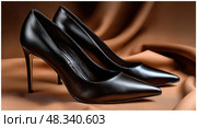 Two black high heels with a shiny finish are displayed on a brown background. Стоковое AI-изображение, AI-художник Ярославский Максим / Фотобанк Лори