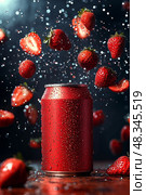 Red soda can with condensation surrounded by floating strawberries and water drops, dramatic close-up on dark background, concept of refreshing carbonated beverage with fruity flavor and cool splash. Стоковое AI-изображение, AI-художник Сергей Тимофеев / Фотобанк Лори